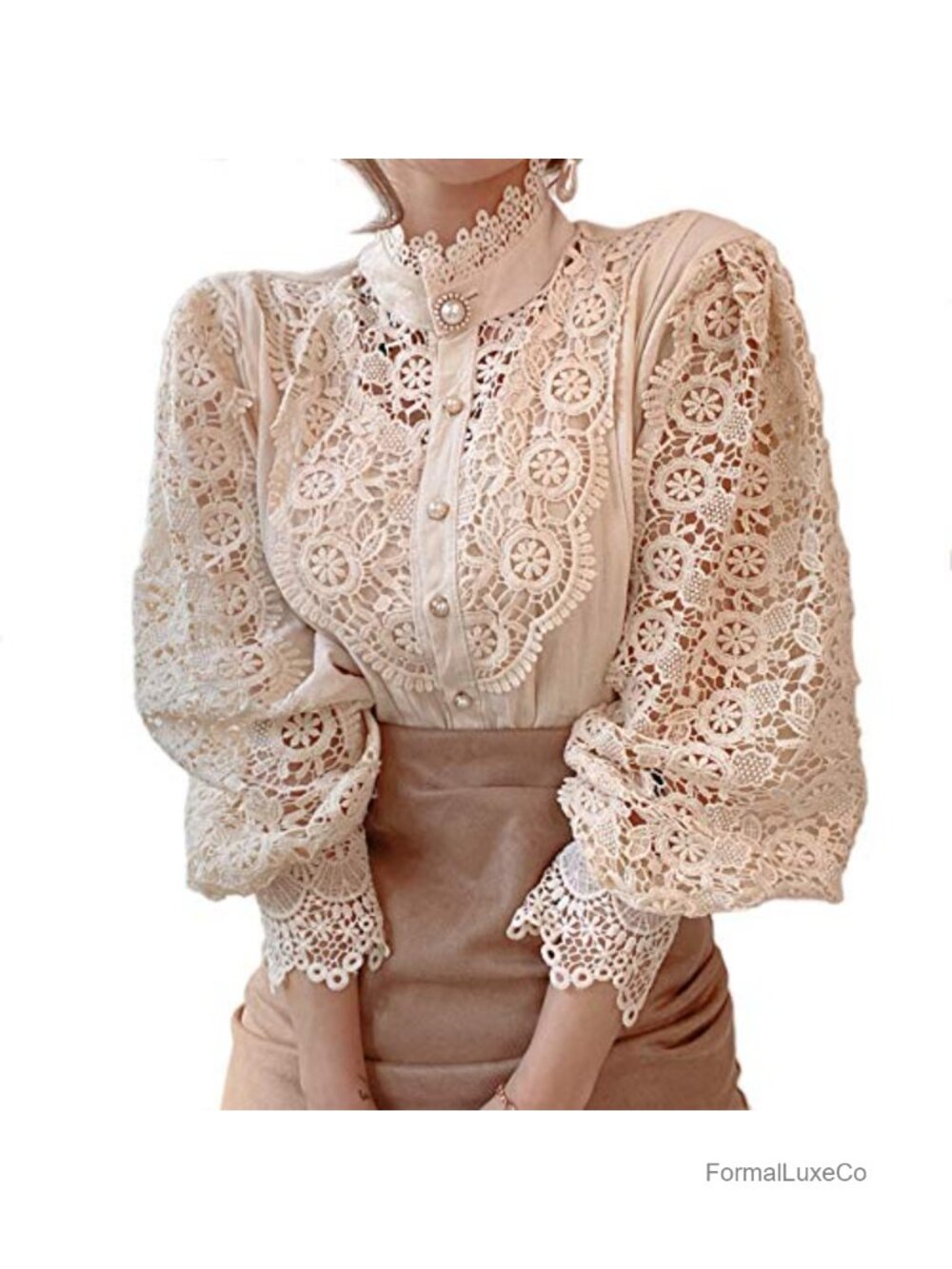 Victorian Blouse Long Sleeve Lace Trim Button Down Peasant Top